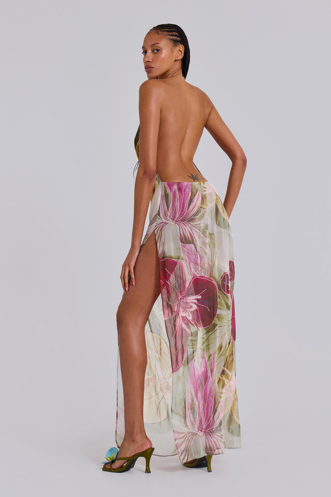 Dahlia Hand-Beaded Backless Chiffon Maxi Dress