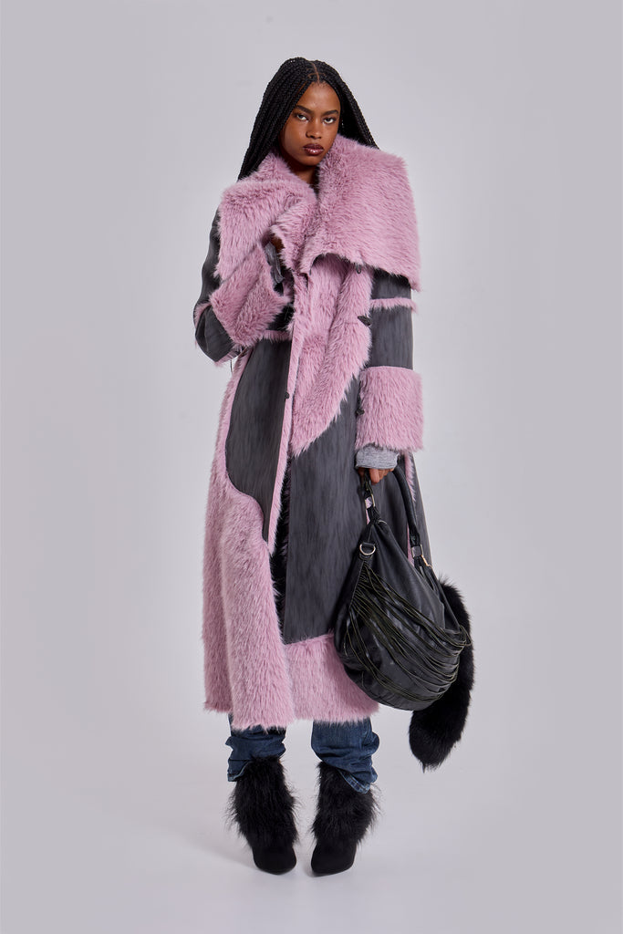 Alise Patchwork Faux Suede and Fur Maxi Coat