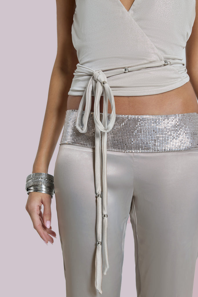 Nivi Chainmail Satin Trousers in Silver