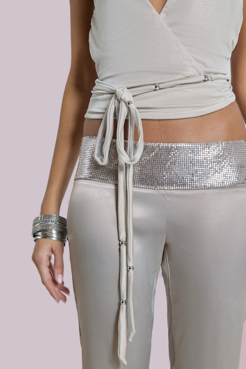 Nivi Chainmail Satin Trousers in Silver