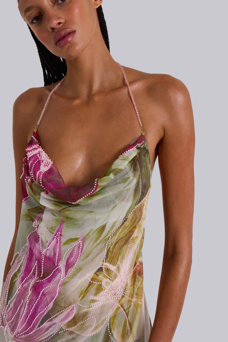 dahlia hand-beaded backless chiffon maxi dress in rosa Dahlia Hand-Beaded Backless Chiffon Maxi Dress | Jaded London