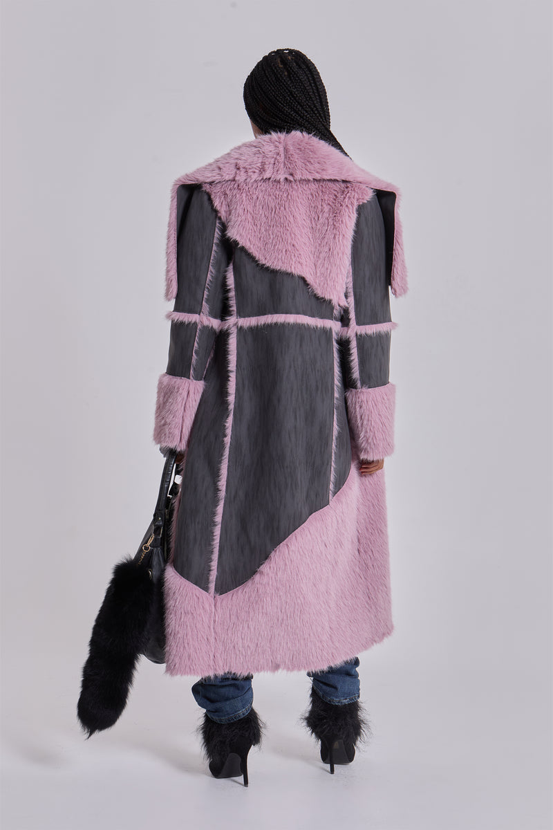 Alise Patchwork Faux Suede and Fur Maxi Coat