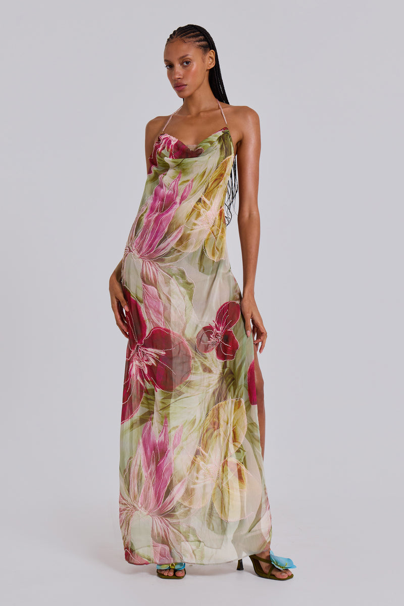 dahlia hand beaded backless chiffon maxi dress in rosa Dahlia Hand-Beaded Backless Chiffon Maxi Dress | Jaded London | Clothing
