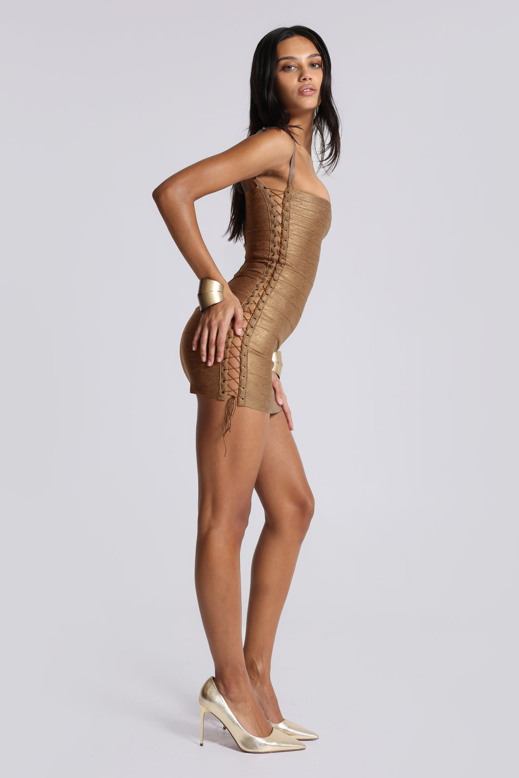 Idol Metallic Bandage Mini Dress in Bronze | Jaded London | Clothing