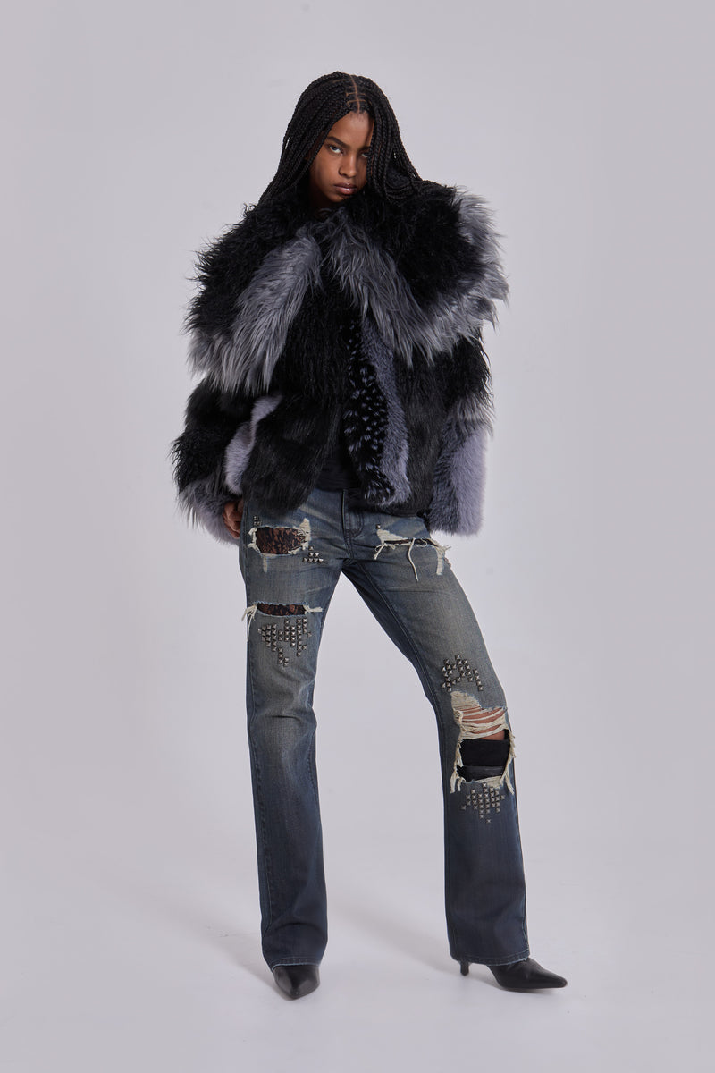 Oksana Patchwork Faux Fur Coat in Black