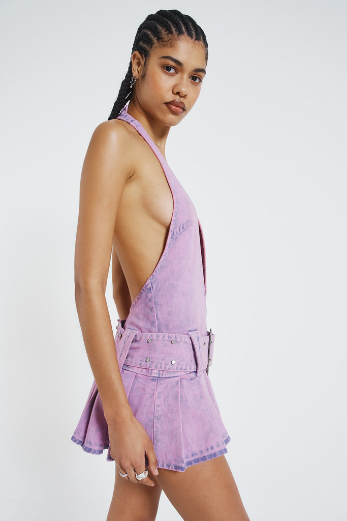 malibu plunge denim mini dress Denim Plunge Halter Mini Dress