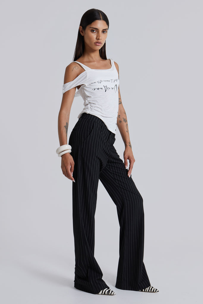 Stacked Bootcut Pinstripe Suit Pants