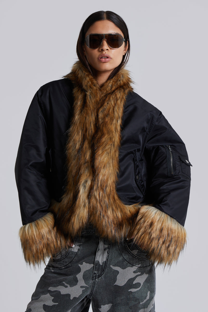 Evren Faux Fur Bomber Jacket in Black