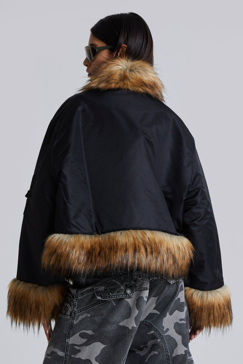 Evren Faux Fur Bomber Jacket in Black