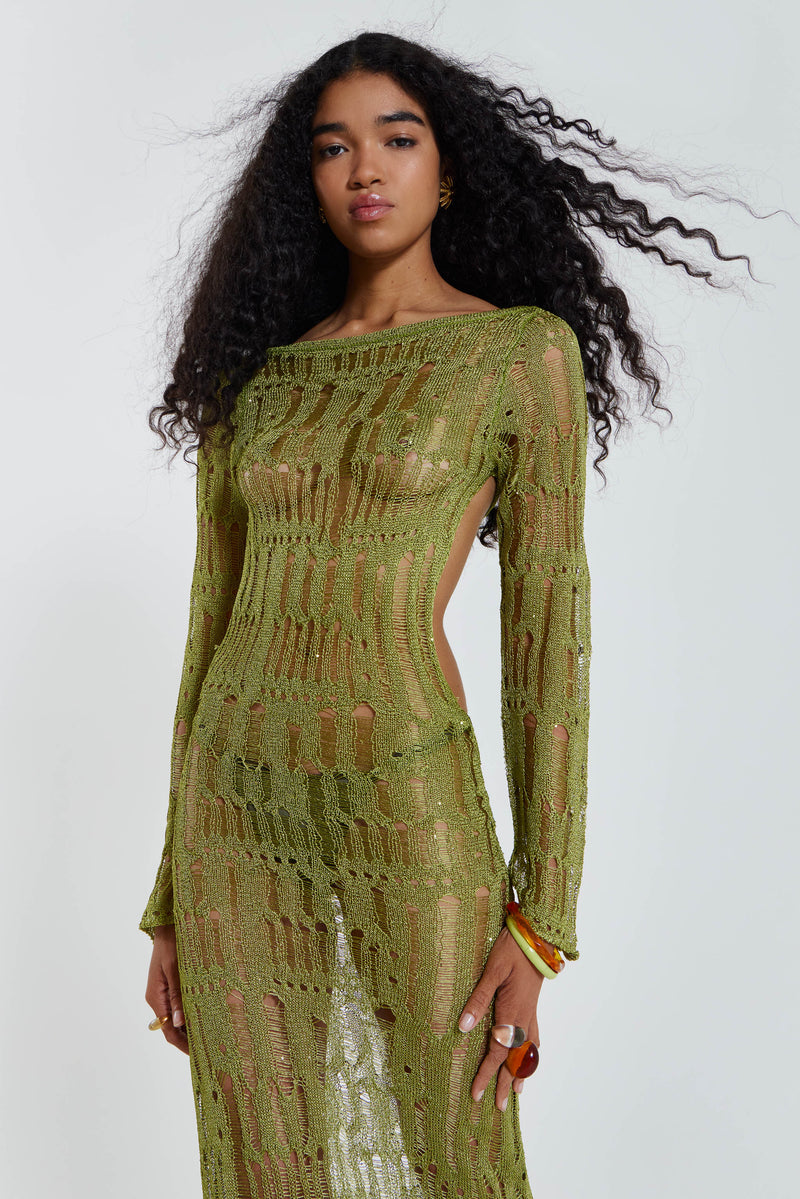 Emerald Green Mesh Drape Maxi Dress – Rare London