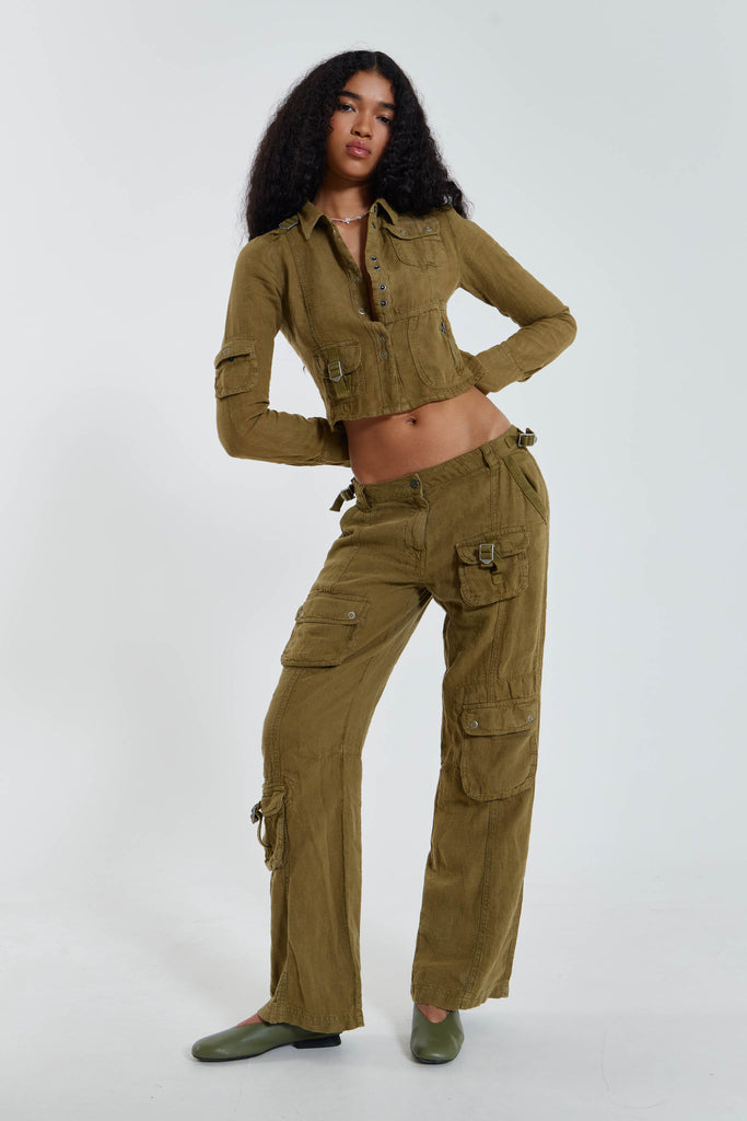 Khaki Skinny Linen Cargo Trousers | Jaded London