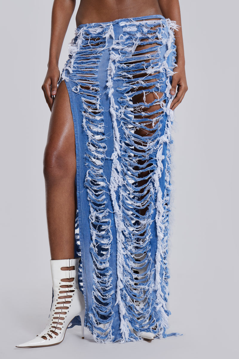 Shredded Denim Maxi Skirt