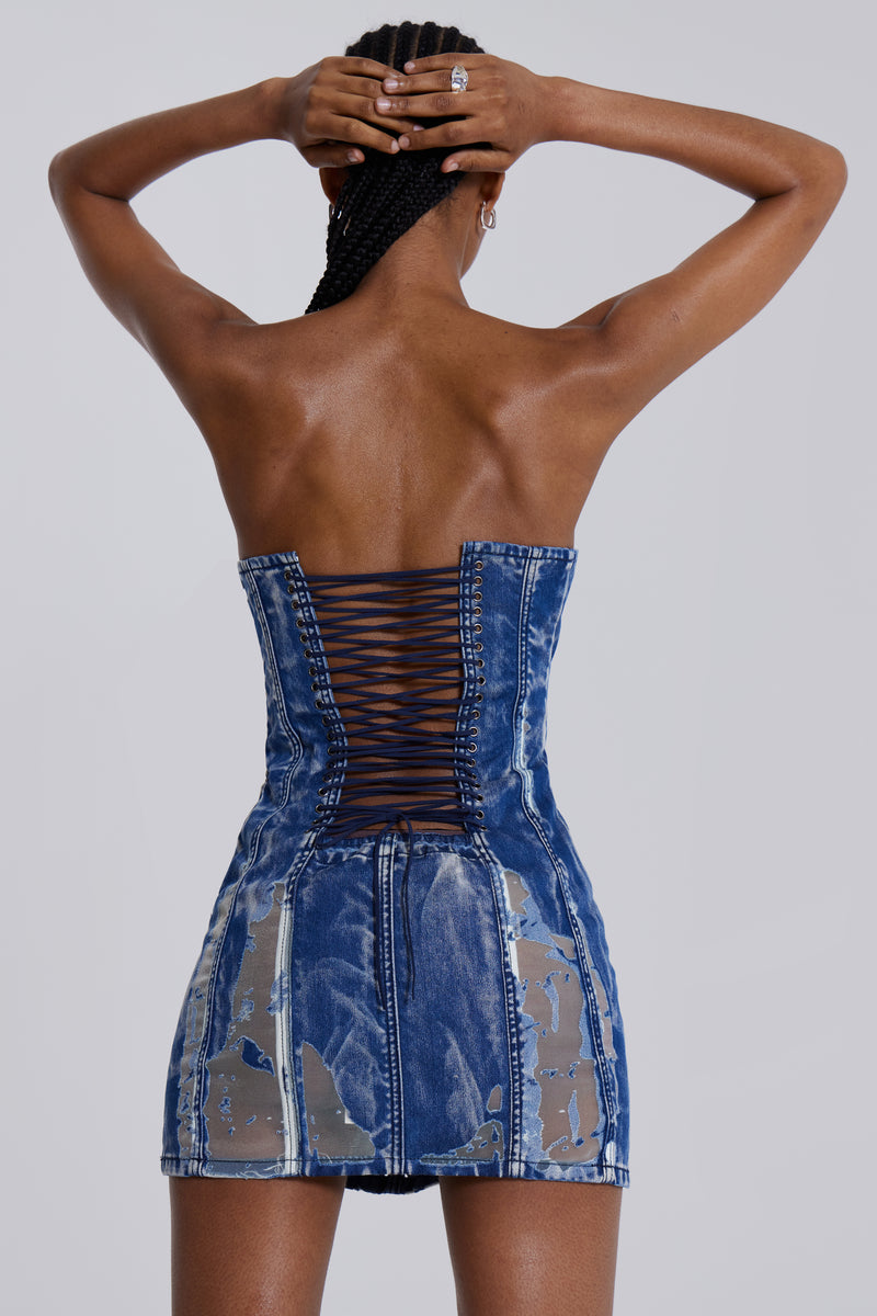 zion denim corset mini dress Wilma Blue Denim Corset Mini Dress - US 16
