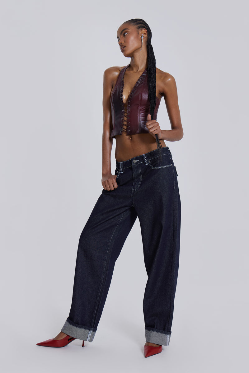 Embroidered Loose Fit Turn Up Jeans | Jaded London - W24 / Blue