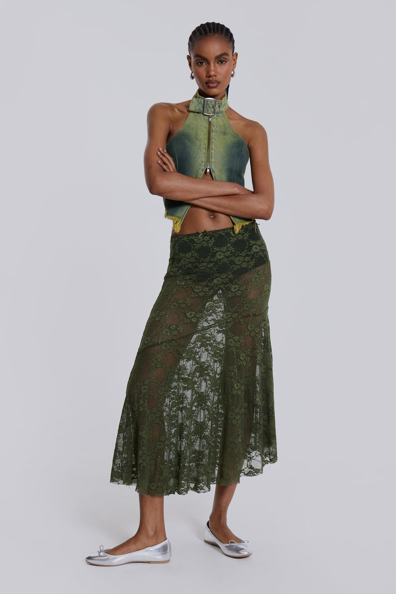 Rhea Khaki Lace Midi Skirt