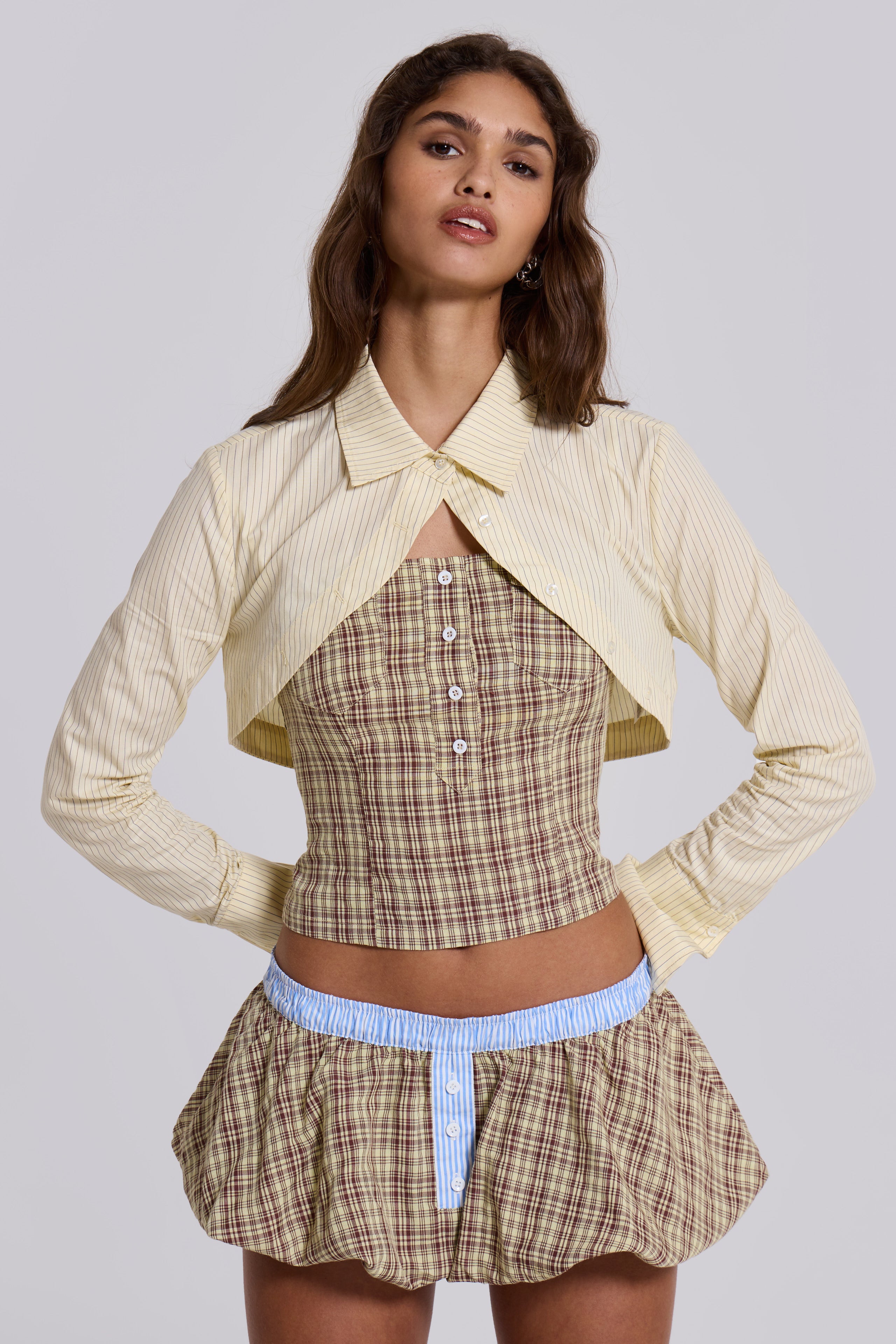 Brown Checked Lulu Puffball Boxer Micro Skirt