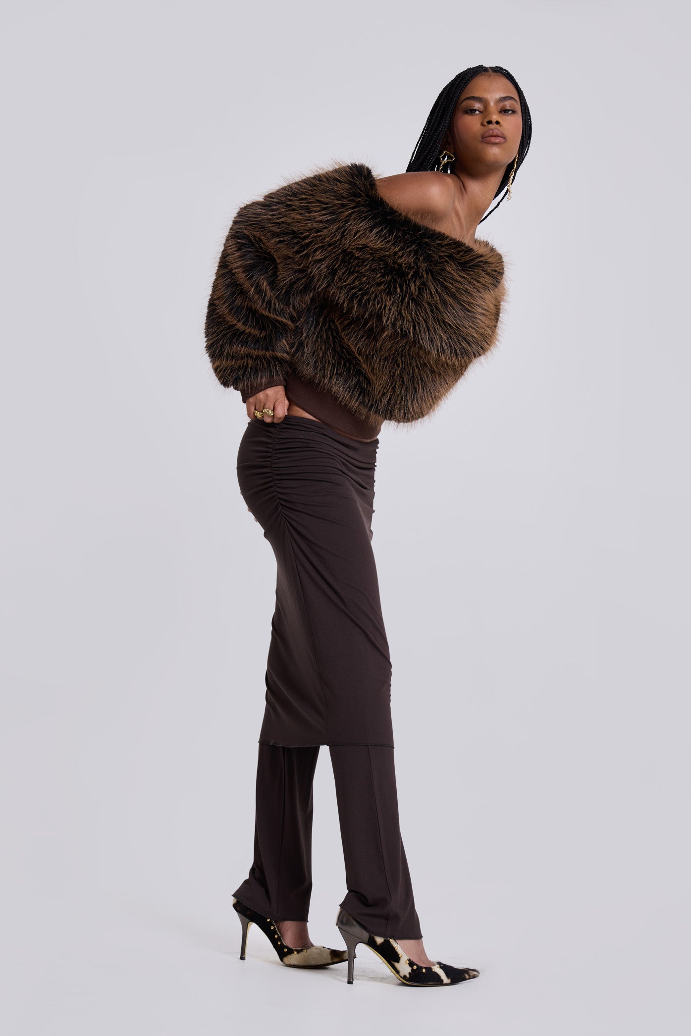 316 Off The Shoulder Fur Jumper in Brown