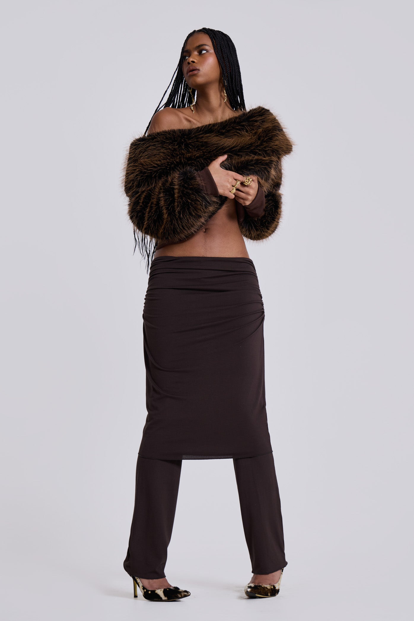 316 Off The Shoulder Fur Jumper in Brown