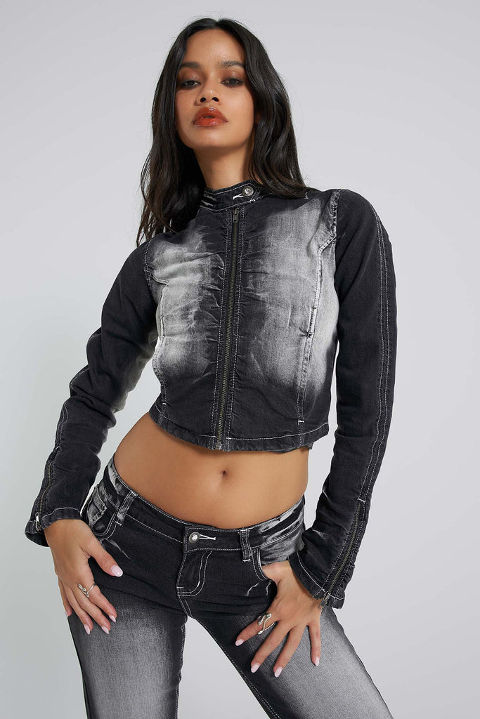 Fitted Ruched Front Denim Jacket | Jaded London