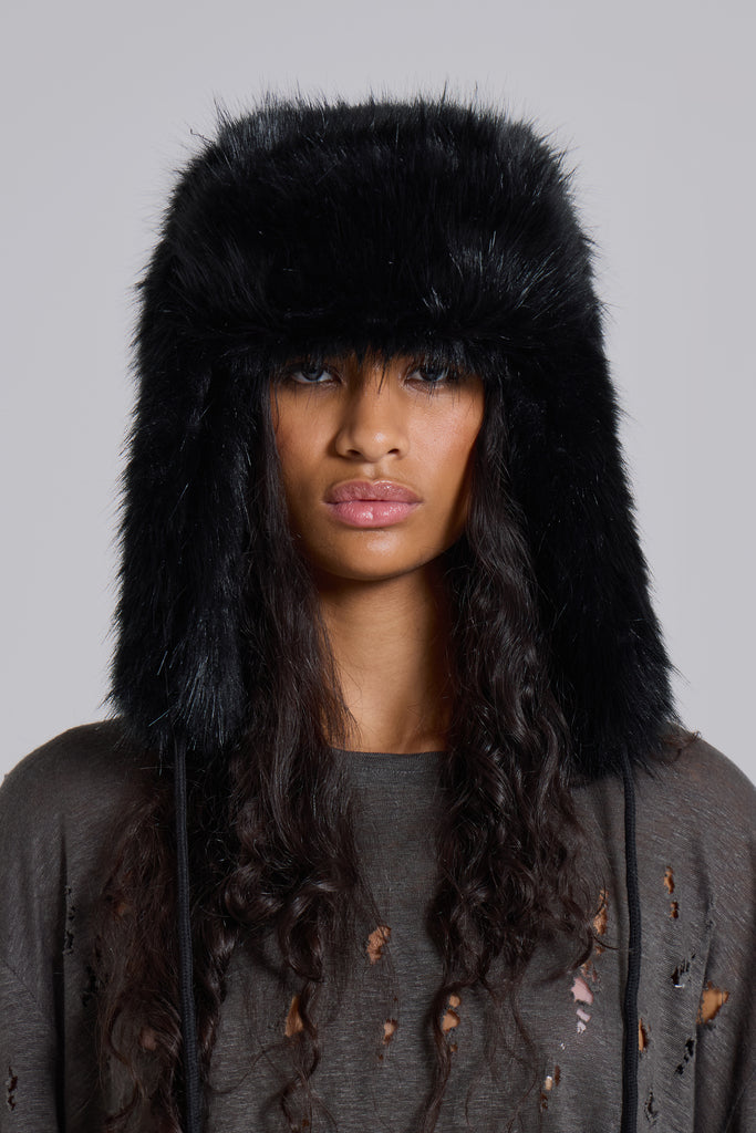 Black Faux Fur Trapper Hat