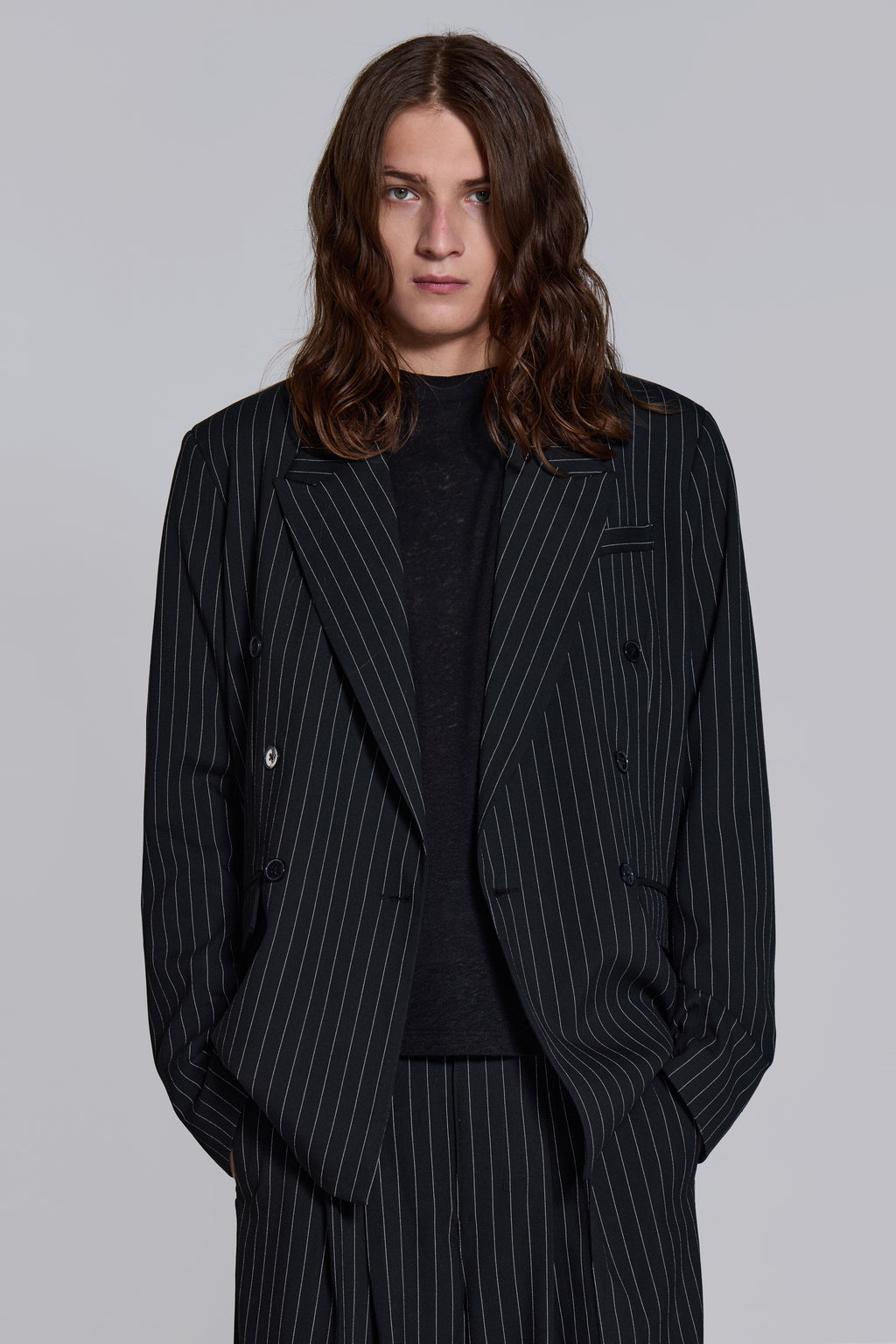 Goliath Pinstripe Double Breasted Boxy Blazer | Jaded London