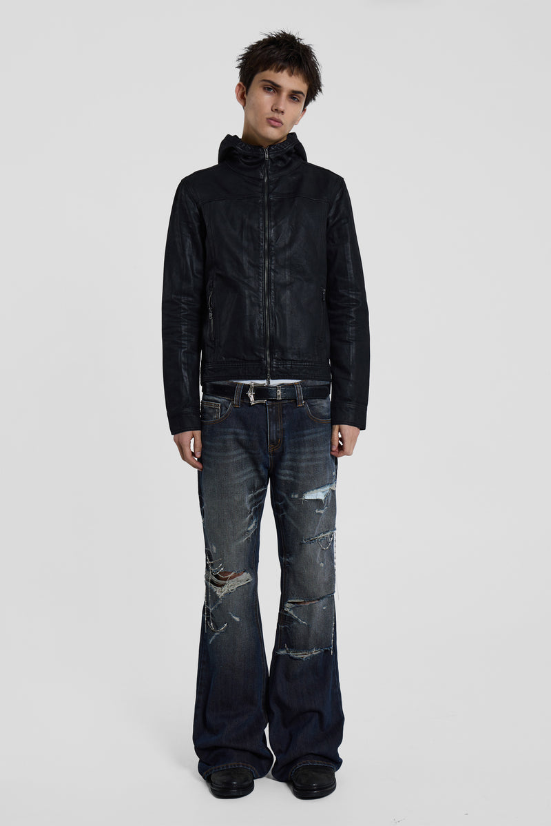 Black Bedrock Waxed Hooded Denim Jacket