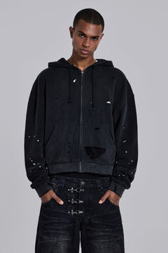 Washed Black Sun Faded Waffle Lined Zip Hoodie - XXS / Black
