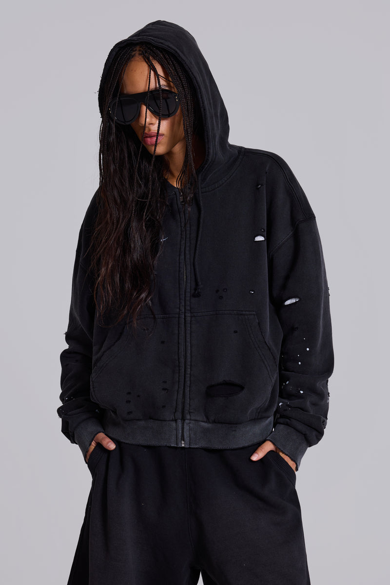 Washed Black Sun Faded Waffle Lined Zip Hoodie | Jaded London