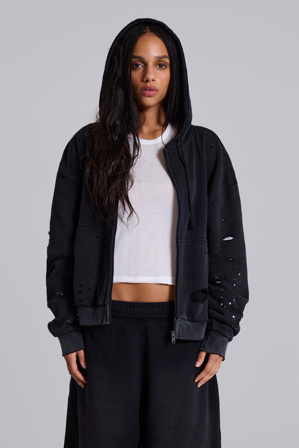 Washed Black Sun Faded Waffle Lined Zip Hoodie | Jaded London