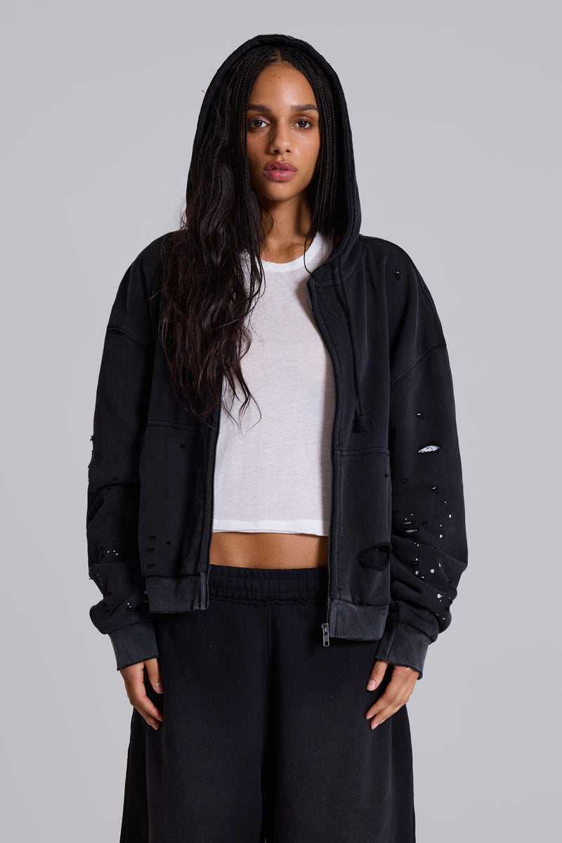 Washed Black Sun Faded Waffle Lined Zip Hoodie | Jaded London