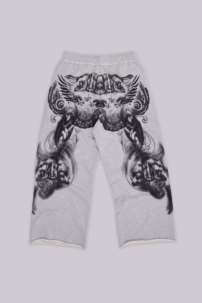Grey Marl Gothic Print Baggy Monster Joggers