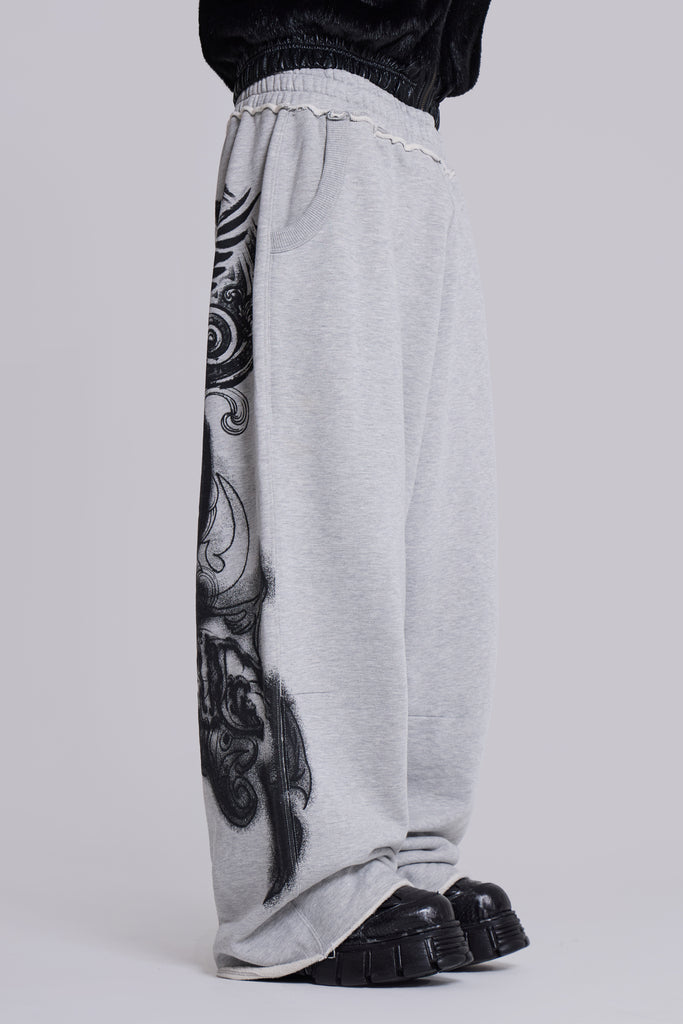 Grey Marl Gothic Print Baggy Monster Joggers