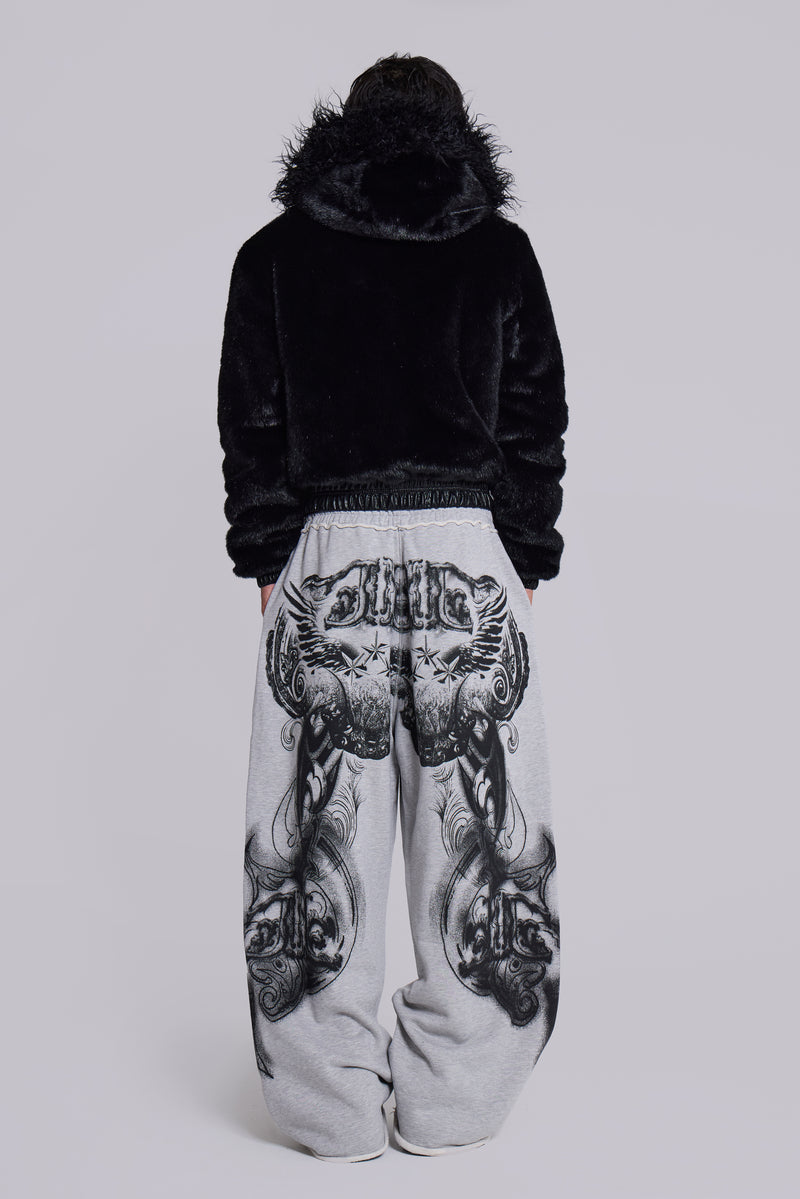 Grey Marl Gothic Print Baggy Monster Joggers
