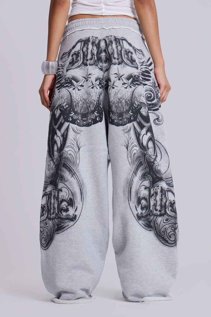 Grey Marl Gothic Print Baggy Monster Joggers