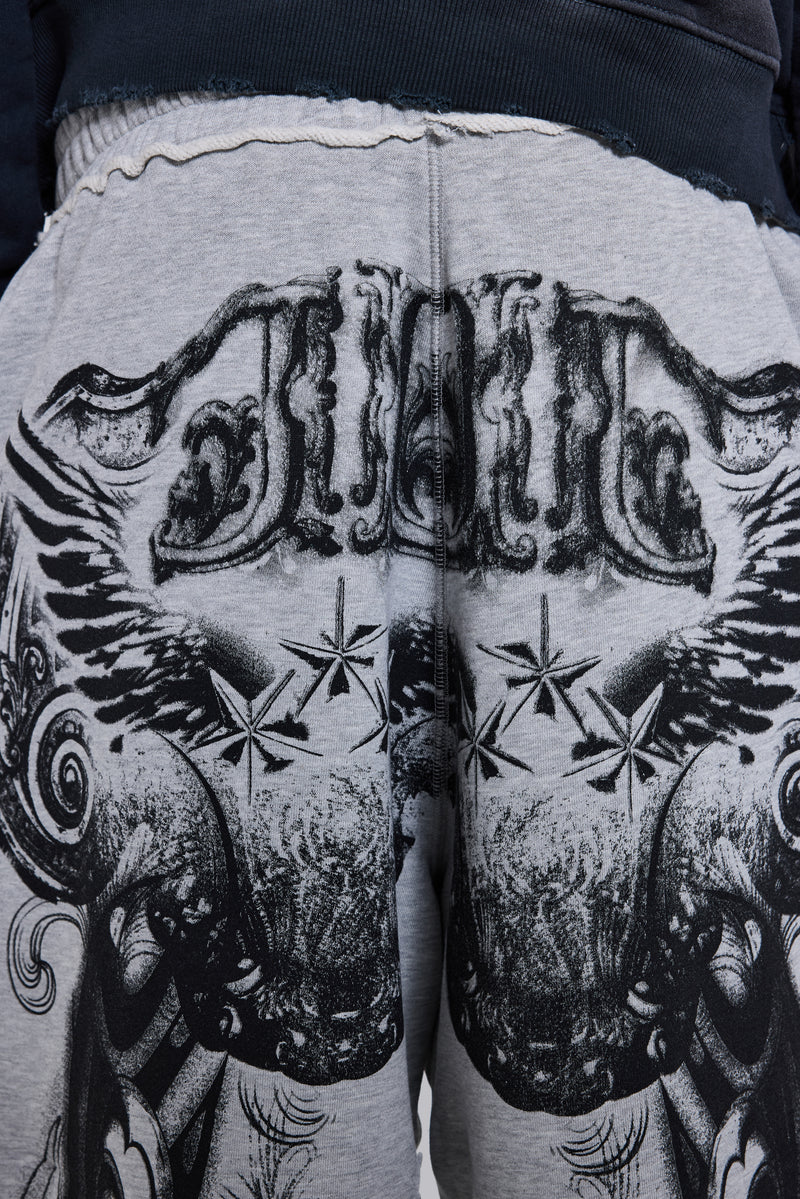 Grey Marl Gothic Print Baggy Monster Joggers