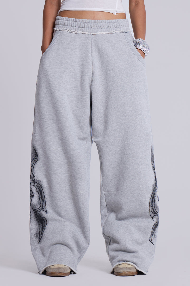 Grey Marl Gothic Print Baggy Monster Joggers