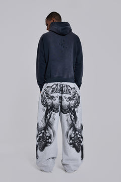 Grey Marl Gothic Print Baggy Monster Joggers - L / Grey