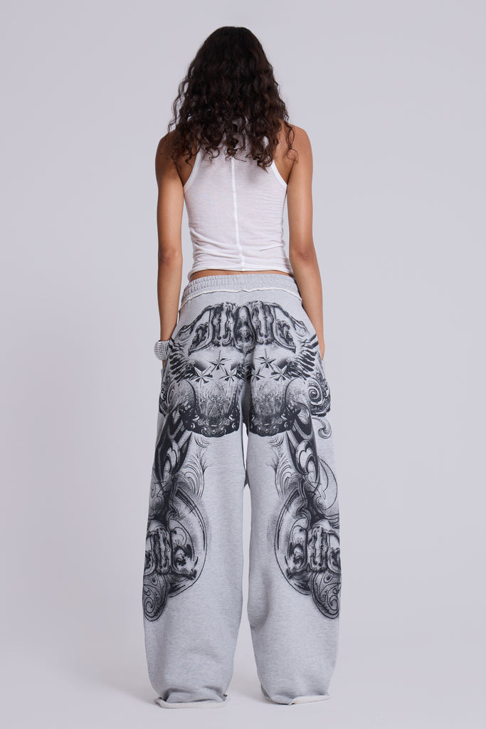 Grey Marl Gothic Print Baggy Monster Joggers