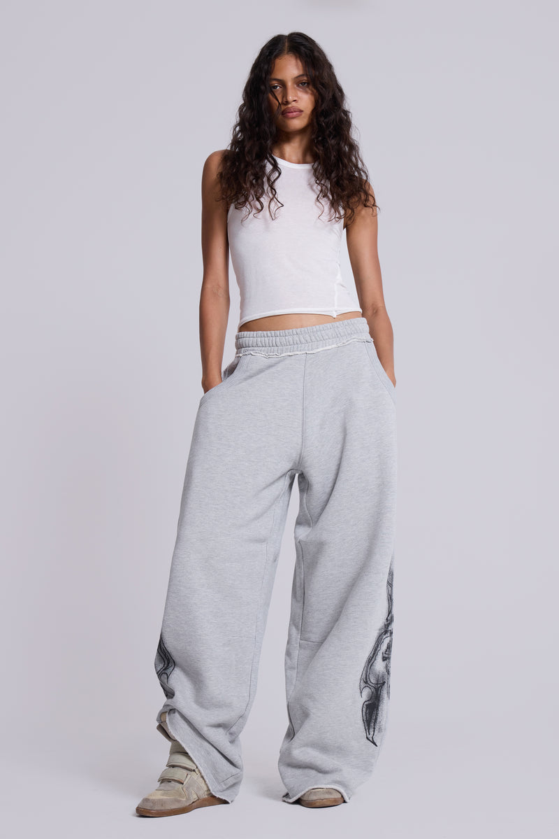 Grey Marl Gothic Print Baggy Monster Joggers