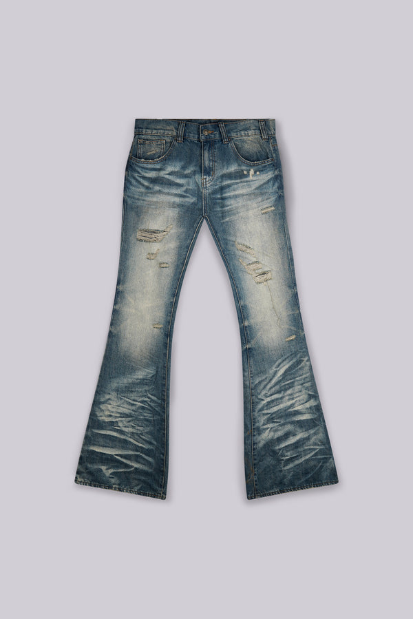 Mid Blue Distressed Creased Drift Flared Jeans