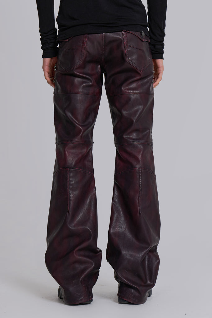 Burgundy Studded Faux Leather Drift Trousers