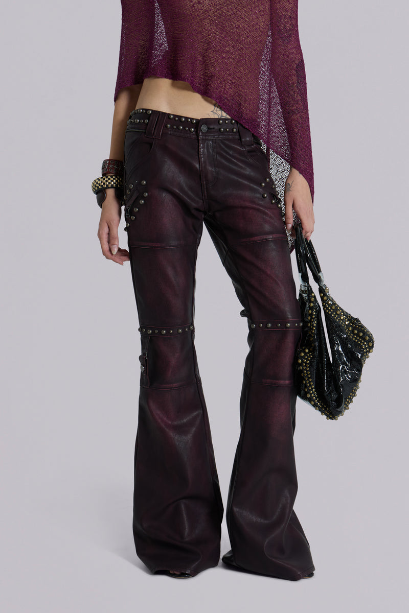 Burgundy Studded Faux Leather Drift Trousers