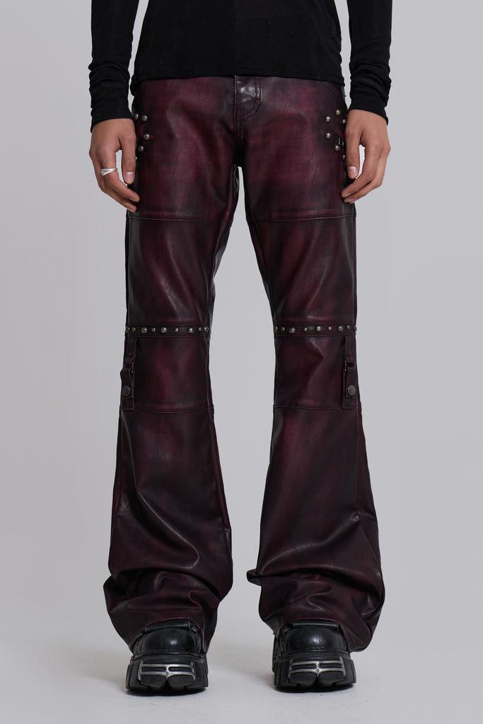 Burgundy Studded Faux Leather Drift Trousers