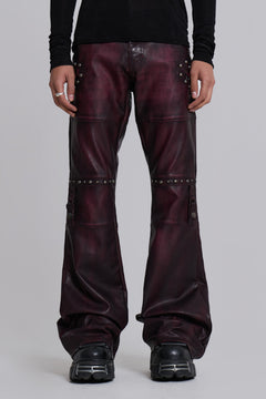 Burgundy Studded Faux Leather Drift Bootcut Trousers - W26 / Burgundy