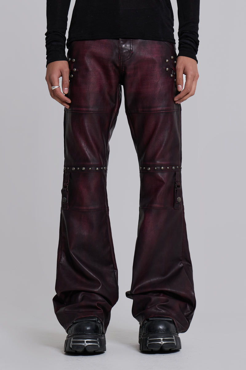 Burgundy Studded Faux Leather Drift Trousers