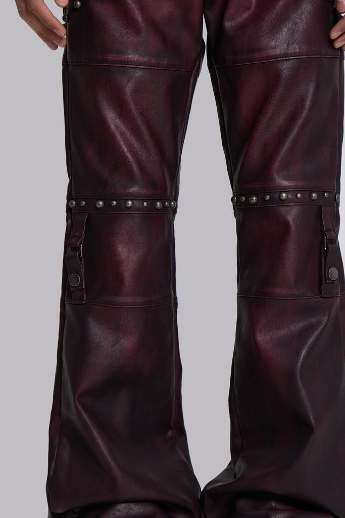 Burgundy Studded Faux Leather Drift Trousers