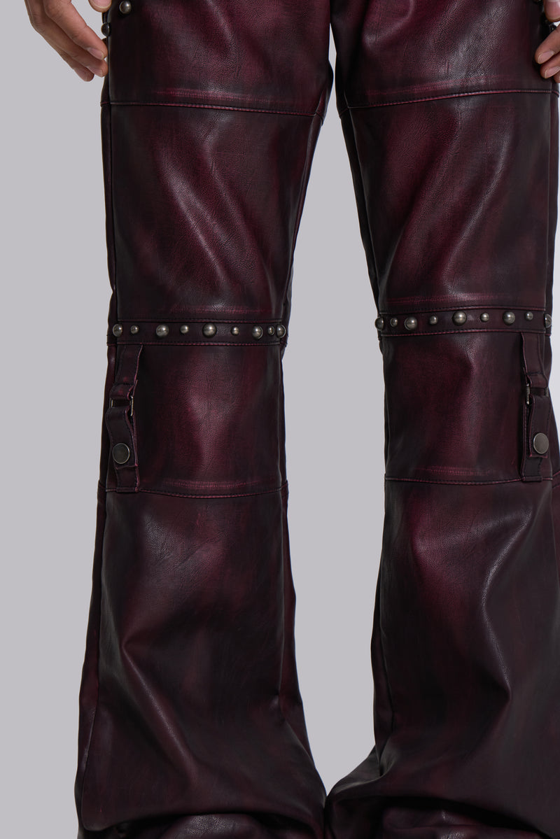 Burgundy Studded Faux Leather Drift Trousers