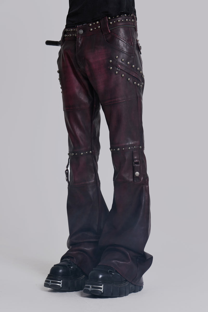 Burgundy Studded Faux Leather Drift Trousers