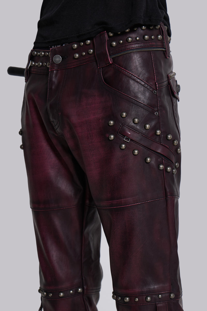 Burgundy Studded Faux Leather Drift Trousers