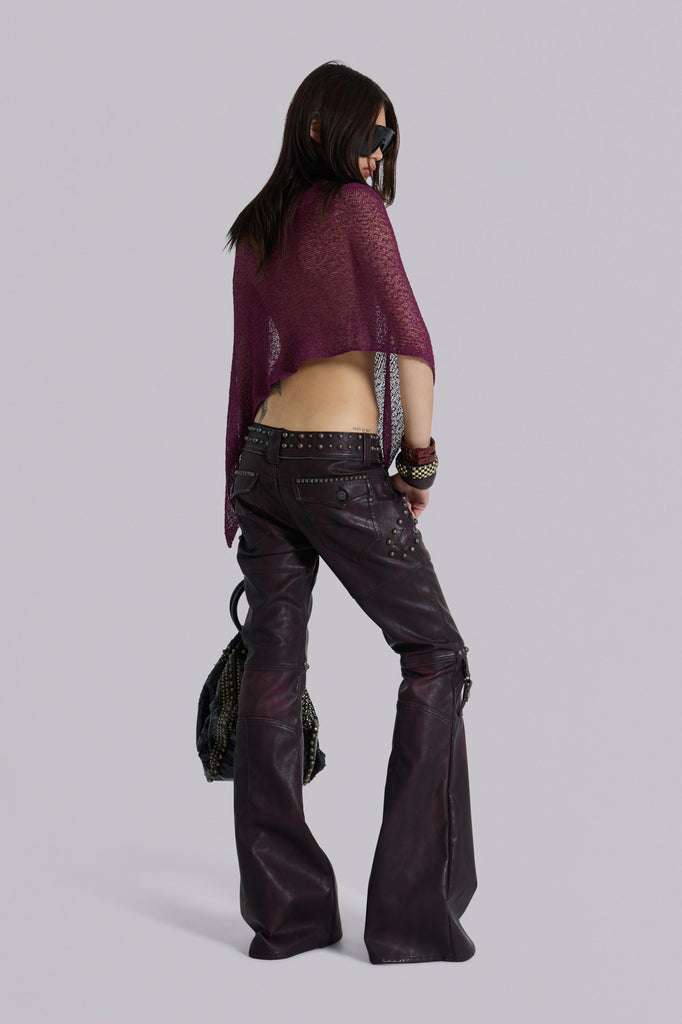 Burgundy Studded Faux Leather Drift Trousers